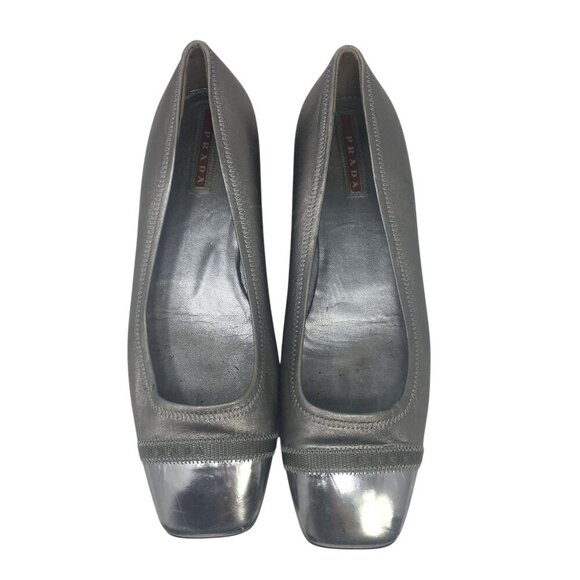 Prada Square Toe Ballet Flats Leather Silver Metallic Women's Size 38.5 US 8 - Picture 3 of 15